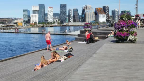 Mensen te zonnebaden op het strand in Oslo — Stockvideo