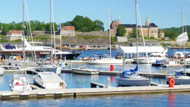 Yachthafen und Stadtblick in Oslo — Stockvideo
