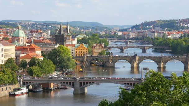 Praga puentes sobre el río Danubio — Vídeo de stock