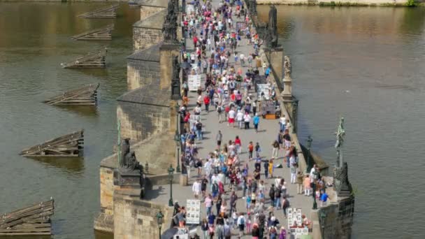 Människor passerar Karlsbron i Prag — Stockvideo