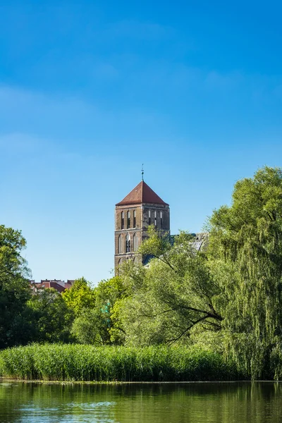 Vista sobre el río Warnow a una iglesia en Rostock —  Fotos de Stock