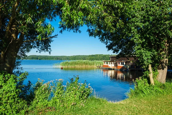 Liggend op een meer met bomen en riet — Stockfoto