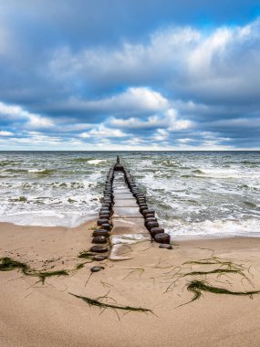 Baltık Denizi kıyısında Groyne ve dalgalar.