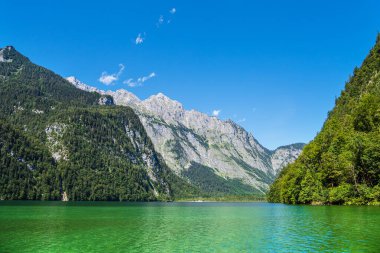 Almanya 'nın Berchtesgaden Alplerinde kaya ve ağaçlarla Koenigssee Gölü.