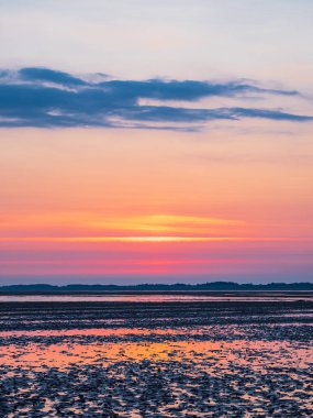 Almanya 'nın Amrum adasında gün doğumuyla çamurlu bir düzlük..