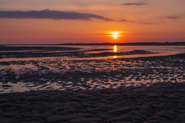 Mud Flat Avec Lever Soleil Sur Île Amrum Allemagne — Photo