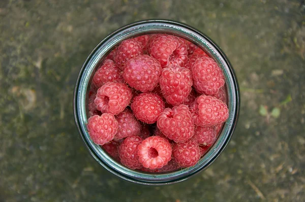 Glass jar filled with raspberries — Stock Photo, Image