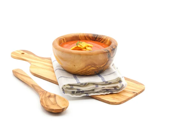 Tomato Soup Beautiful Wooden Bowl Photographed White Background — Stock Photo, Image