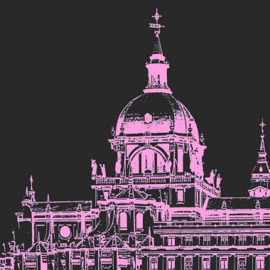 Madrid, İspanya 'da kubbeli neoklasik tarzda Almudena katedralinin siyah ve pembe çizimi