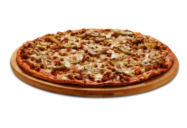 Cornichon ve petrol Bolognese pizza. Beyaz backgro