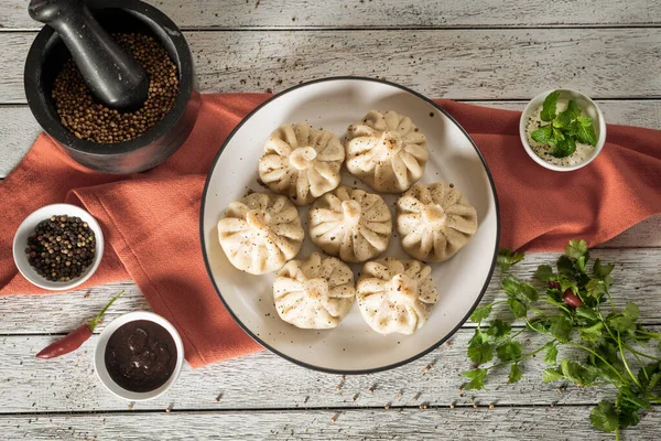 Close Caucasian Khinkali Dumplings Dish Served Plate Background Ingredients Scattered Stock Photo