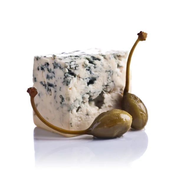 Canned capers and  Blue cheese on white  background — Stock Photo, Image