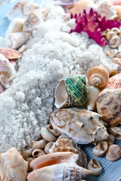 Sea salt on wooden table — Stock Photo, Image