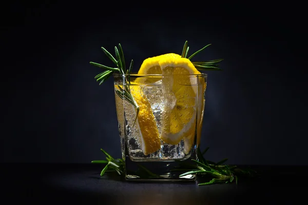 Alkoholisches Getränk mit Tonikum, Zitrone und Rosmarin — Stockfoto