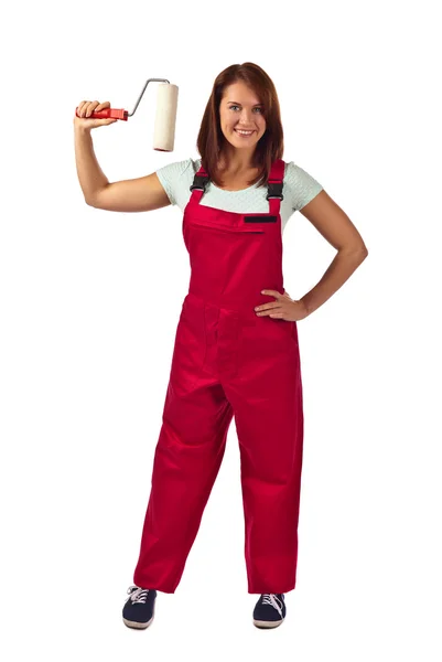 Woman in red overalls  , isolated on white — Stock Photo, Image