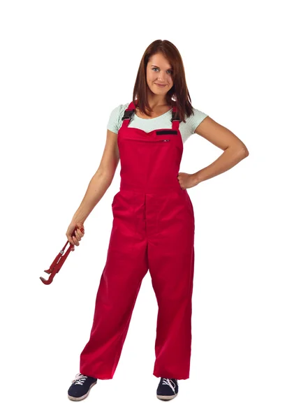 Woman in red overalls  , isolated on white — Stock Photo, Image