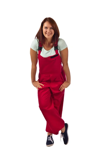 Woman in red overalls  , isolated on white — Stock Photo, Image