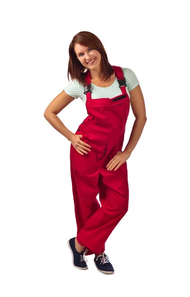 Woman in red overalls  , isolated on white — Stock Photo, Image