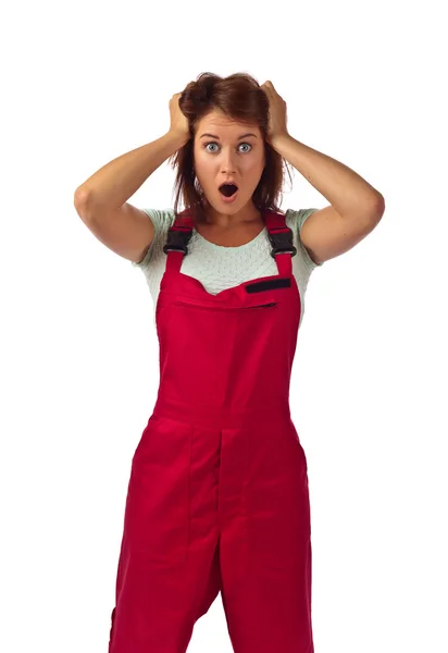 Woman in red overalls  , isolated on white — Stock Photo, Image