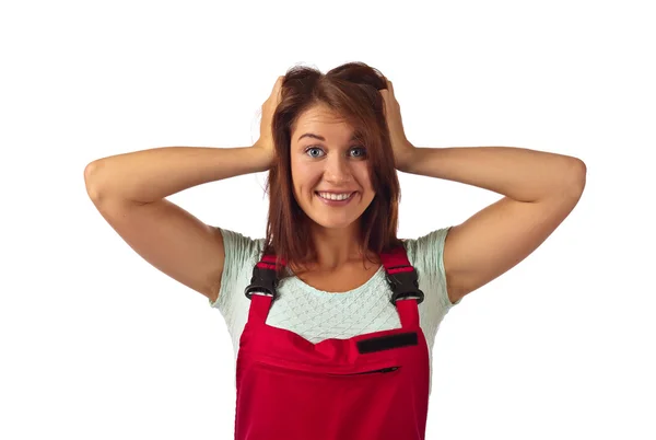 Woman in red overalls  , isolated on white — Stock Photo, Image