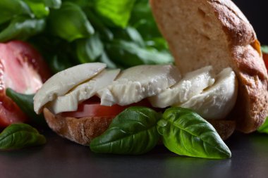 Peynirli sandviç, domates ve fesleğen.