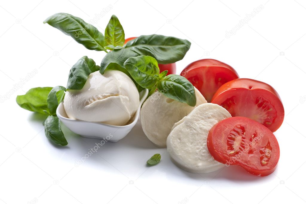  mozzarella with tomato and basil isolated on white 