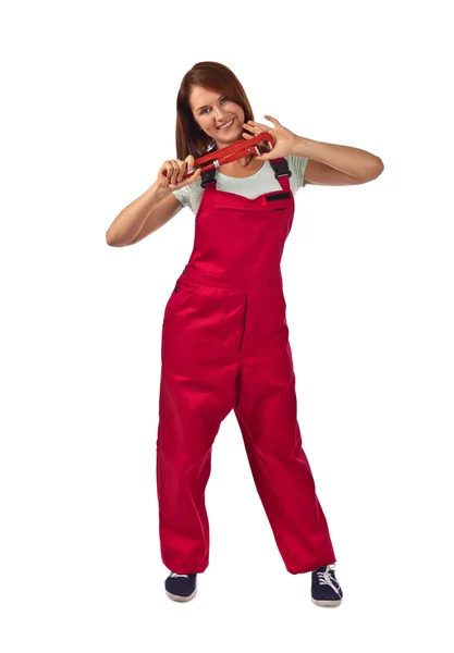 Woman in red overalls  , isolated on white — Stock Photo, Image