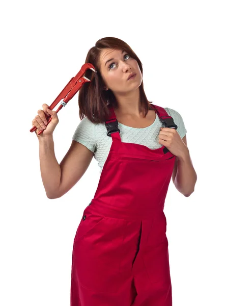 Woman in red overalls  , isolated on white — Stock Photo, Image