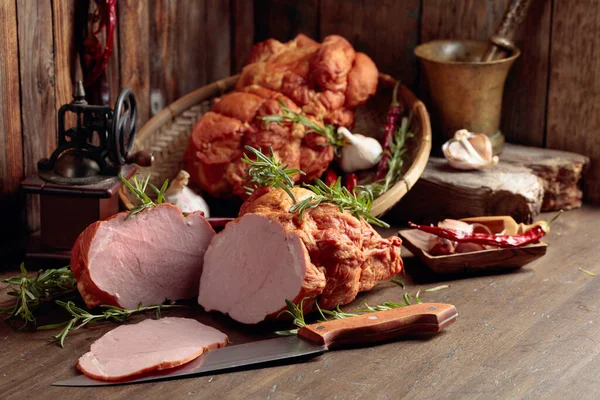 Smoked Ham Herbs Spices Kitchen Utensils Old Wooden Table — Stock Photo, Image