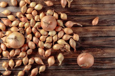 Eski ahşap bir masada soğan. Üst görünüm, alanı kopyala.