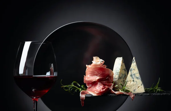 Glass Red Wine Traditional Mediterranean Snacks Prosciutto Spanish Jamon Blue — Stock Photo, Image