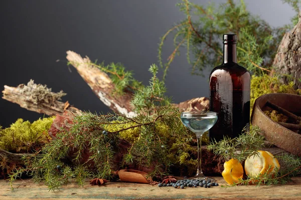 Gin Small Glass Antique Bottle Dark Glass Anise Coriander Juniper — Stock Photo, Image