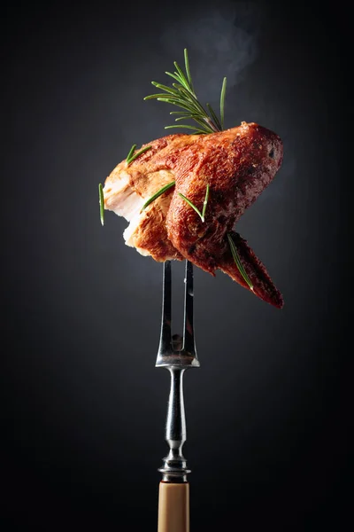 Smoked Chicken Wing Fork Sprinkled Rosemary Hot Chicken Black Background — Stock Photo, Image