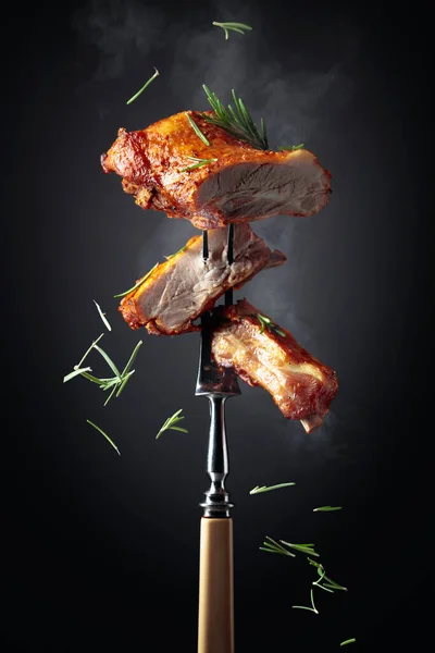 Grilled Pork Ribs Fork Grilled Meat Sprinkled Rosemary Black Background — Stock Photo, Image