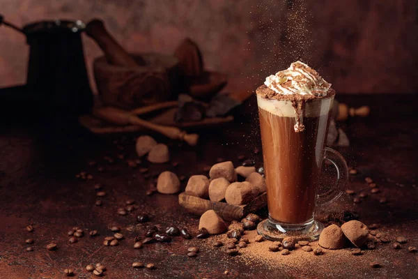 Truffles Glass Hot Chocolate Whipped Cream Sweets Drink Sprinkled Cocoa — Stock Photo, Image