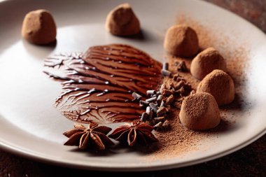 Bej bir tabakta çikolata soslu çikolatalı trüf mantarı. Şekerler kakao tozu, çikolata parçacıkları ve anason ile süslenir..