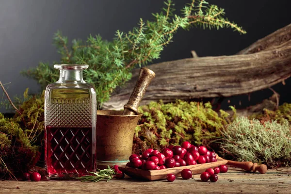 Cranberries Decanter Cranberry Juice Background Moss Juniper Branch Old Snag — Stock Photo, Image
