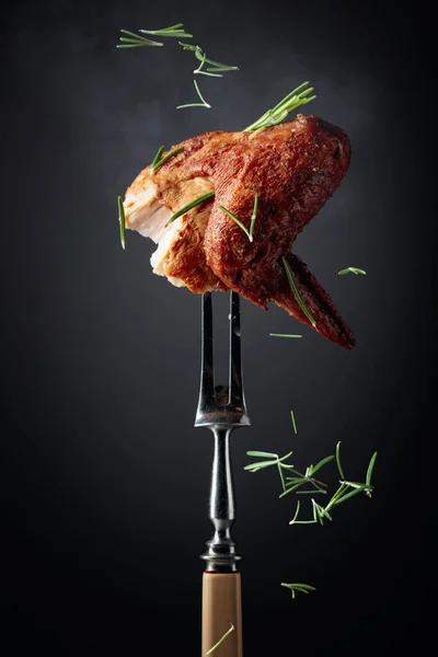 Smoked Chicken Wing Fork Sprinkled Rosemary Hot Chicken Black Background — Stock Photo, Image