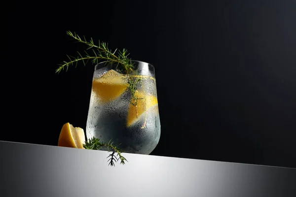 Bebida Alcohólica Cóctel Gin Tonic Con Limón Rama Enebro Hielo —  Fotos de Stock