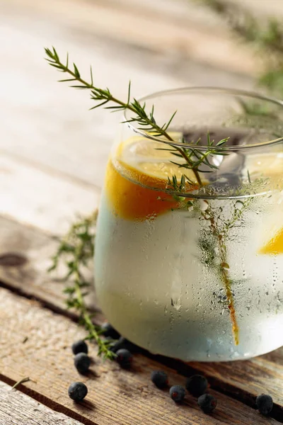 Alkoholgetränk Gin Tonic Cocktail Mit Zitrone Wacholderzweig Und Eis Auf — Stockfoto
