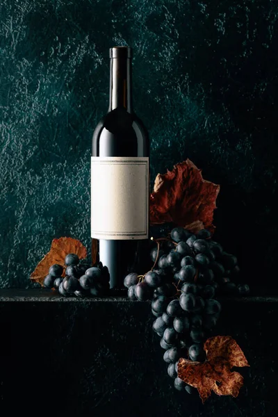 Бутылка Красного Вина Старой Пустой Этикеткой Красное Вино Голубой Виноград — стоковое фото