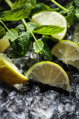 Koyu arkaplanda buz ve nane dilimleri. Seçici odak .