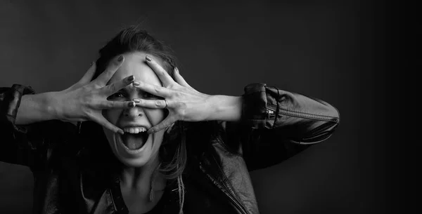 Portrait Displeased Woman Wearing Black Leather Jacket Screaming Woman Covers — Stock Photo, Image