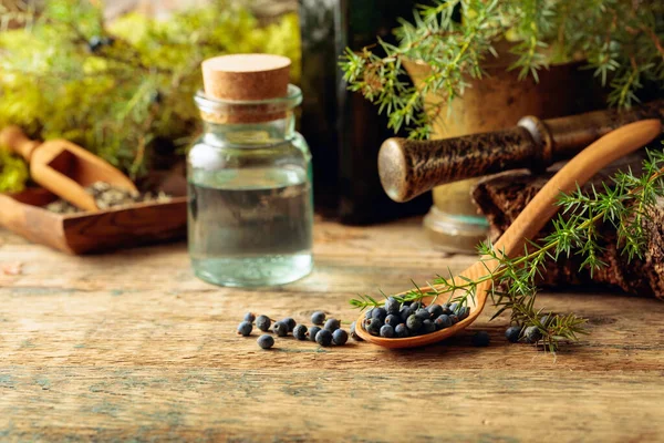 Juniper Tincture Juniper Berries Old Wooden Table Background Branches Juniper — Stock Photo, Image