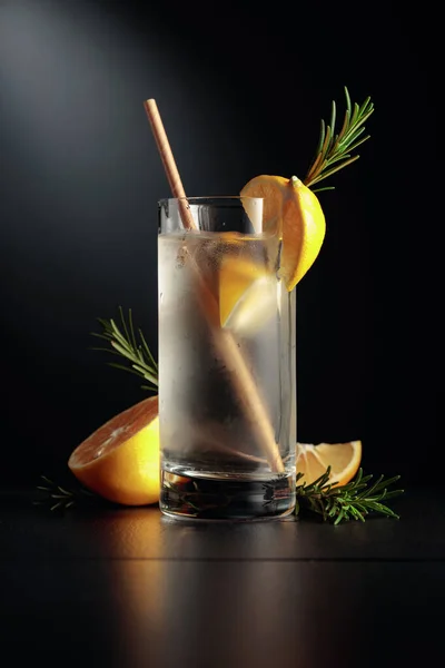 レモン ローズマリーと冷たいさわやかな飲み物 黒を基調としたカクテルジンとトニックのフローズングラス — ストック写真