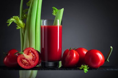 Domatesli domates suyu ve koyu arkaplanda kereviz çubukları. Boşluğu kopyala.