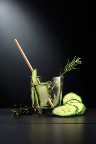 Cold Refreshing Drink Ice Cucumber Rosemary Frozen Glass Black Table — Stock Photo, Image