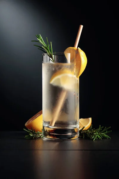 レモン ローズマリーと冷たいさわやかな飲み物 黒を基調としたカクテルジンとトニックのフローズングラス スペースのコピー — ストック写真