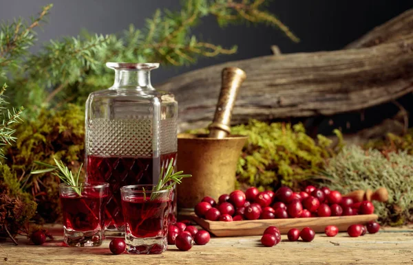 Cranberries Dan Cranberry Minuman Keras Meja Kayu Tua Lumut Latar — Stok Foto