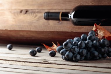 Şarap mahzenindeki eski ahşap bir masada bir şişe kırmızı şarap ve bir demet üzüm. Seçici odak.